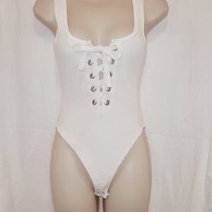 White ribbed bodysuit lace up front